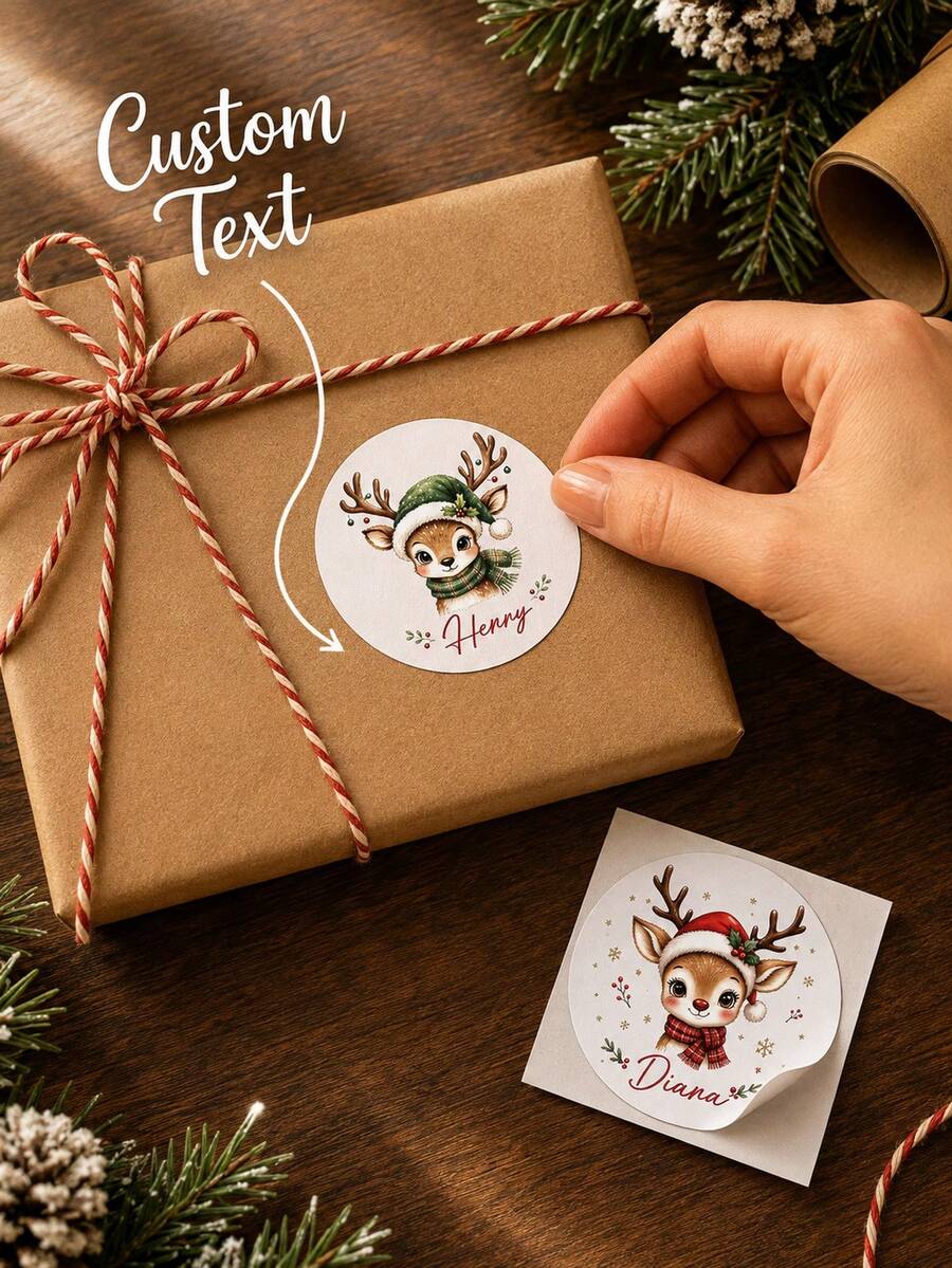 8/20/40pcs Customized Reindeer Name Stickers, Christmas Gift Box Use, Customized Round Christmas Gift Stickers Labels, Personalized Holiday Gift Labels, Personalized Cartoon Name Stickers, Christmas Gifts - Multicolor - View 1