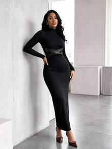 RNU 女款秋冬派對洋裝，小立領長袖針織拼接PU收腰修身連衣裙，優雅顯瘦休閒聚會晚禮服 - 黑色 - 查看 3