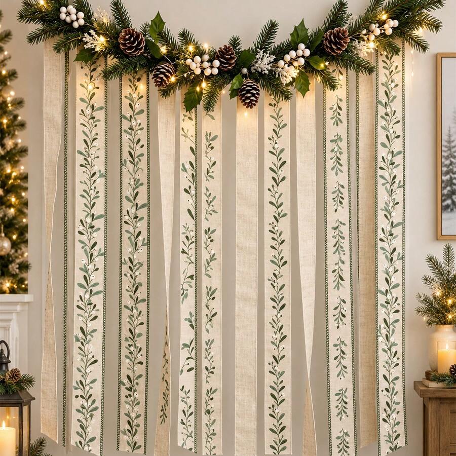 1 Roll 1.5 Inch (3.8cm) X 5 Yards Round Edge Jute Ribbon, Green Branch And White Berry Pattern, Christmas Burlap Ribbon, Suitable For Bow Making, Gift Wrapping, DIY Crafts And Party Decoration