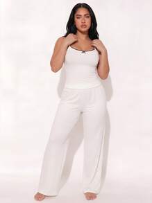 Women's 2-Piece Polka Dot Pajama Set, Spaghetti Strap Camisole Top + Elastic Waist Wide Leg Pants, Loungewear Set - White - View 8
