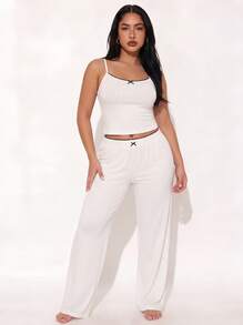 Women's 2-Piece Polka Dot Pajama Set, Spaghetti Strap Camisole Top + Elastic Waist Wide Leg Pants, Loungewear Set - White - View 9