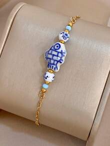 1Pc Hand-Painted Blue And White Ceramic Fish Bracelet, Gold Stainless Steel Chain, Boho Vacation Jewelry,Daily/Party,Christmas Birthday Gift/Halloween - Multicolor - View 5