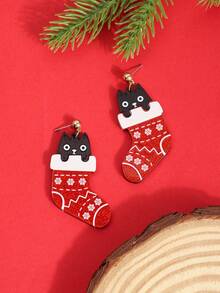 1 Pair Black Cat Acrylic Christmas Socks Earrings, Fun Cartoon Snowflake Christmas Theme Dangle Earrings For Holiday Party - Multicolor - View 4