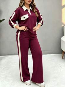 Autumn Fashion Women's New Polo Collar Long Sleeve T-Shirt & Casual Daily Elastic Waist Loose Pants 2 Pieces Set, Faux Two Pieces Colorblock Collar Burgundy Red Polo Shirt & Wide Leg Pants, Sports Commute Outfit, Suitable For Outings, Exercise, Daily Commute, Streetwear - Burgundy - View 2