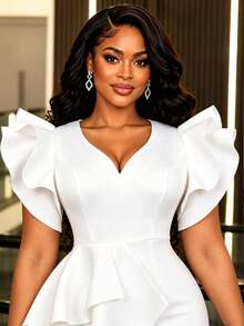 AOMEI Women Elegant V-Neck Irregular Short Sleeve Ruffle Waist Defining Slim Fit Party Dress,Wedding Guest Dinner Occasion For Easter And Christmas - White - View 2