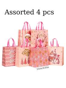 24pcs/4pcs Pink Christmas Party Gift Bags With Handles – Festive Gift Bags Featuring Santa, Snowman, Reindeer, And Gingerbread House Designs, Complete With "Ho Ho Ho" Tags; Suitable For Birthdays, Holiday Gift-Giving, And Christmas Decorations. - Multicolor - View 9