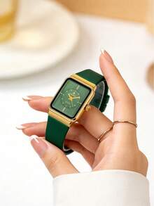 1pc Women Rectangular Vintage Quartz Watch, Gold Alloy Case, Green Brushed Dial, Green Silicone Band, Elegant Ladies Watch For Daily & Gift - Green - View 3