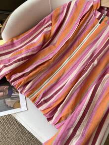 GMFP Women's Multi-Color Vertical Striped Stand Collar Short Zip-Up Jacket, Contrast Design Casual Vacation Style Top - Hot Pink - View 8