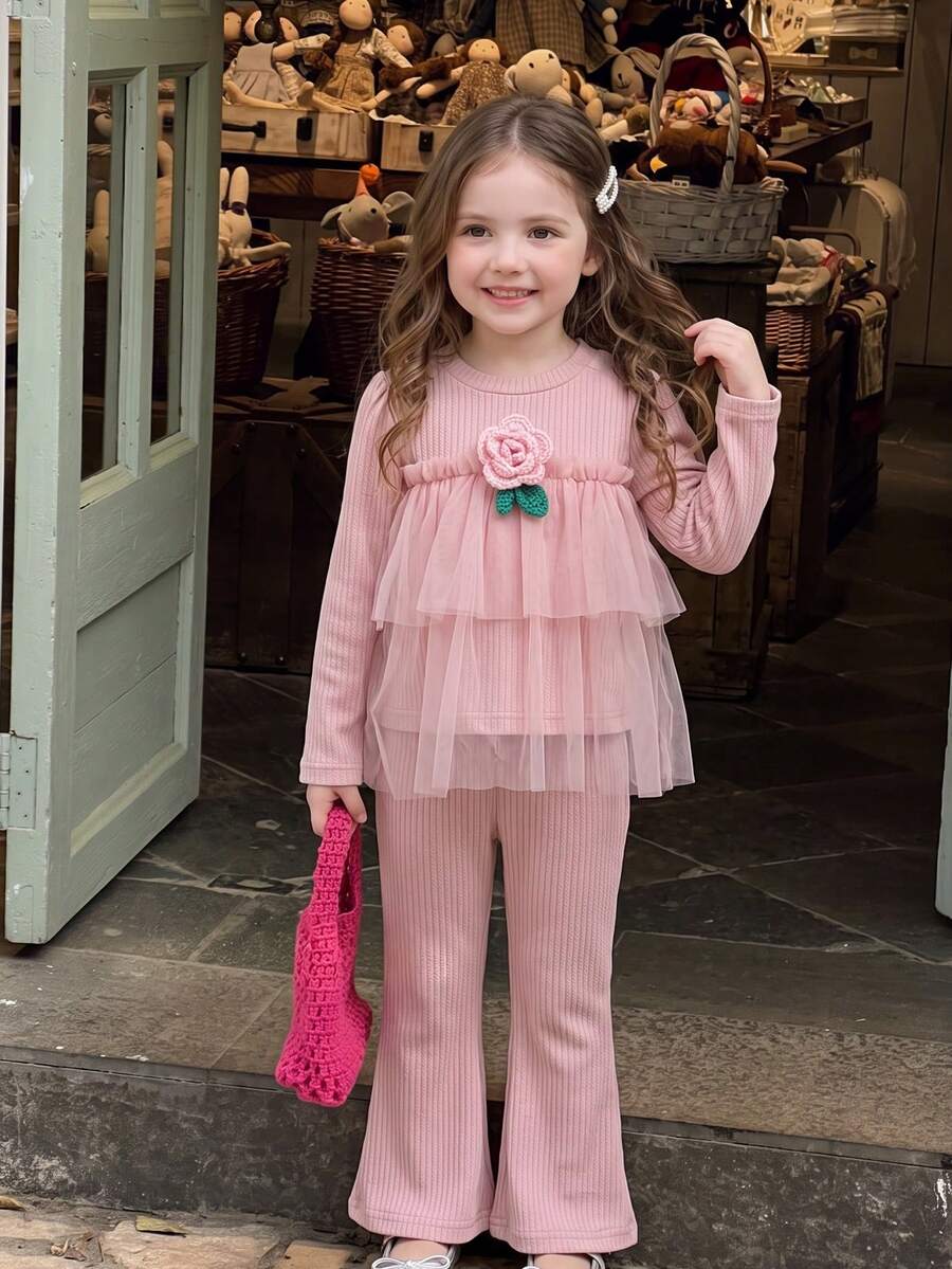 Girls' Autumn/Winter Gentle Style 2 Pieces Set, Long Sleeve Top With Mesh Patchwork And 3D Crochet Rose Decor, Paired With Solid Color Flared Long Pants, Sweet Casual Outfit - Pink - View 1