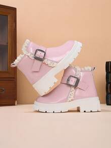 1 Pair Girls' Lace Trim Simple Thick Sole Ankle Boots, Autumn/Winter Vintage Buckle Side Zipper Campus British Style Non-Slip Boots - Pink - View 8