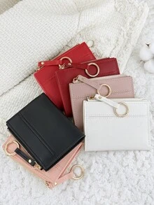 Women's Multi-Function Short Zipper Wallet, Foldable Card Holder With Snap Closure, Small Ring Wrist Strap Decor, Suitable For Outdoor Use - White - View 4