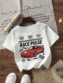Baby Boy Racing Car Print T-Shirt, Baby Boy Casual Short Sleeve Crew Neck T-Shirt - White - View 4