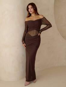 PARTHEA Elegant Brown Off Shoulder Mesh Sleeve Sheer Waist Ruched Maxi Evening Party Dress For Women - Brown - View 4