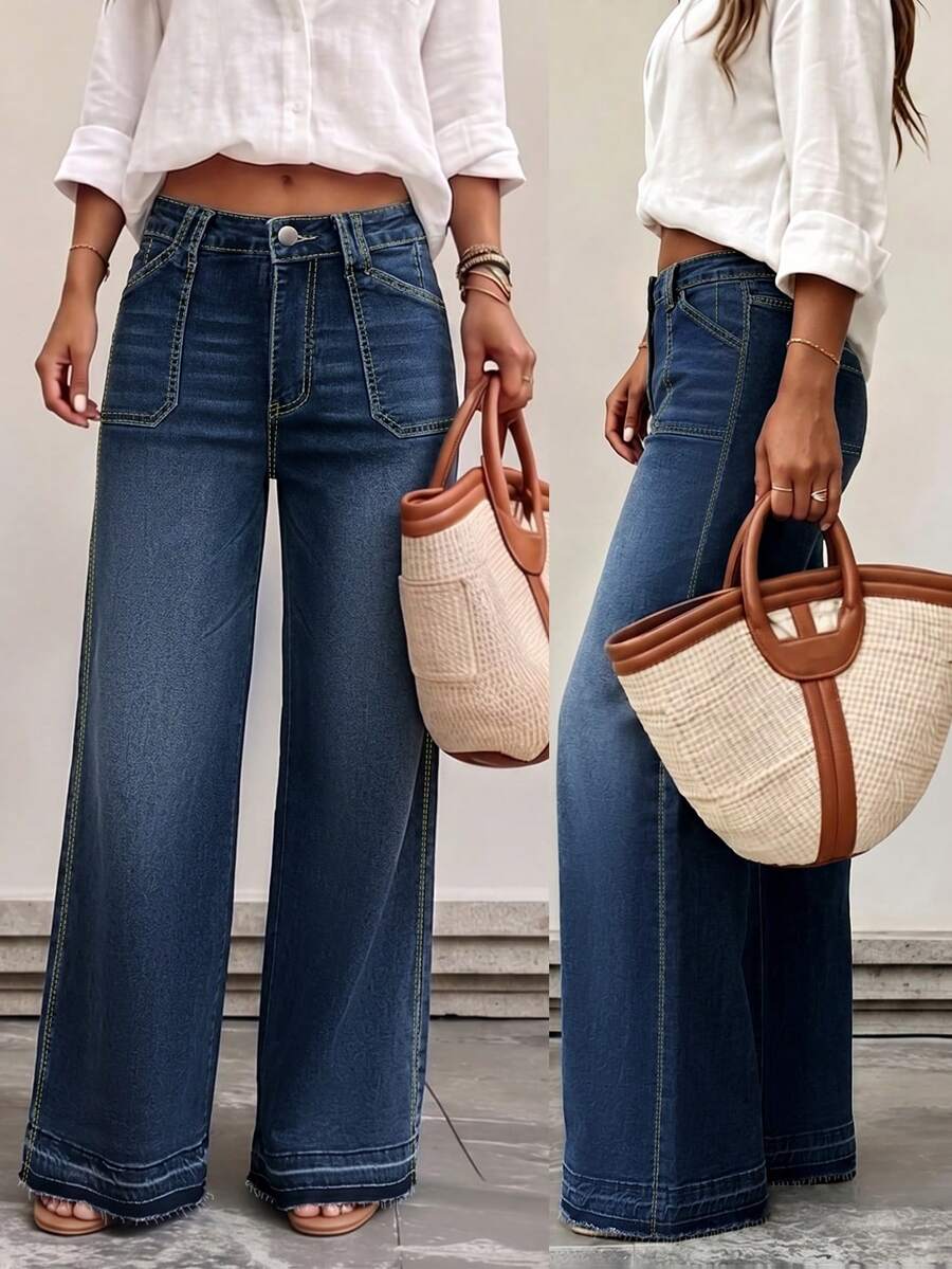 New Elegant Elegant Button Detail Design Straight Leg Jeans, Mid-Stretch Long Casual Style Suitable For Multiple Occasions - Dark Wash - View 1