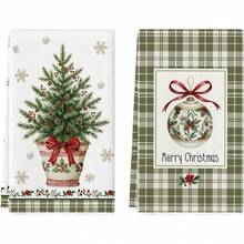 2 buah handuk dapur bertema Natal, menampilkan motif pohon Natal dan pot bunga, lembut, mudah dibersihkan dan dapat digunakan kembali, hadiah liburan yang sempurna untuk dekorasi dapur. - Hijau - View 1
