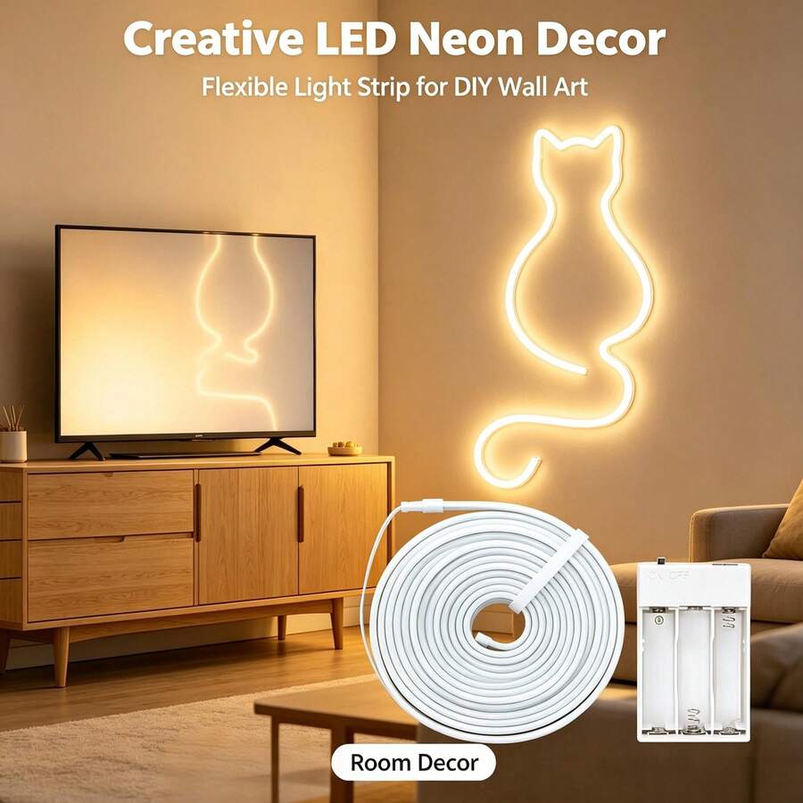 360° Bendable Integrated Silicone LED Neon Strip, Cuttable Neon Rope Light, Uniform Glow No Dark Spots, AA Battery Box (Batteries Not Included), For Home Wall DIY Decor - Multicolor - View 1