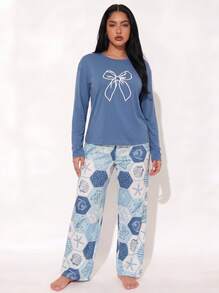 Early Autumn New Blue Women's 2-Piece Long Sleeve Pajama Set, Bow & Shell Print Long Sleeve Pants Set - Blue - View 7