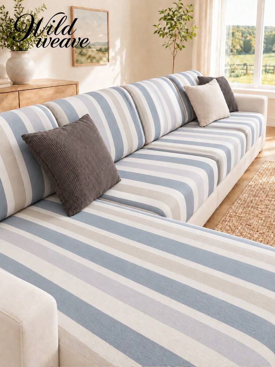 1pc Striped Print Milk Silk Sofa Cushion Cover, High Elasticity Dust-Proof Stain-Resistant Removable Washable All-Season Sofa Slipcover, Suitable For Kitchen, Living Room, Bedroom, Balcony Garden And Multiple Occasions, Single Piece Sold Not Set Sofa Cushion Protector