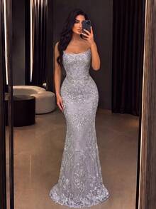 Elegant Women's Strapless Sequin Mermaid Formal Long Dress, Suitable For Ball And Evening Party, Charming Sleeveless Design With Zipper Detail - Dusty Purple - View 4