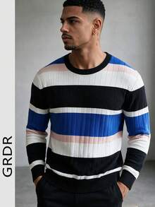 GRDR Men's Multi-Color Horizontal Ribbed Vertical Ribbed Knit Sweater, Autumn/Winter Retro Textured Contrast Color Crew Neck Casual Pullover - Blue - View 7