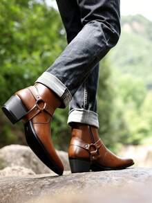 New Men's High Heel Leather Boots, Retro Western Cowboy Boots With Metal Buckle Strap And Side Zipper, Elevated Formal Boots, British Style - Brown - View 16