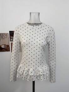 Atasan Kaos Wanita Lengan Panjang Ruffle Leher Bulat Motif Polkadot Musim Gugur Minimalis Manis Gaya Prancis - Light Grey - View 6