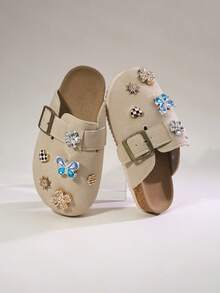 Girls' Beige Faux Suede Closed-Toe Mules With Rhinestone Detail & Adjustable Strap, Cork Footbed Casual Sandals, Little/Kids - Beige - View 2