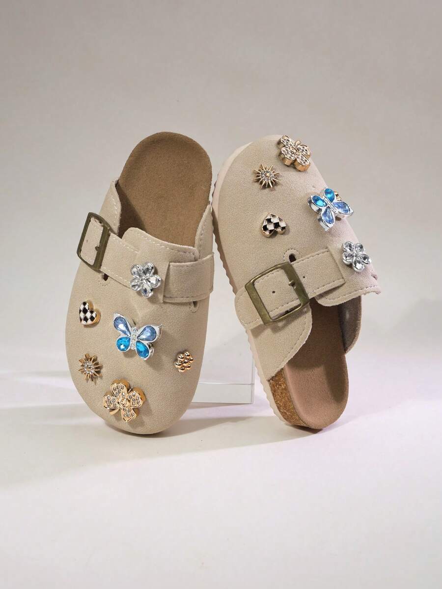 Girls' Beige Faux Suede Closed-Toe Mules With Rhinestone Detail & Adjustable Strap, Cork Footbed Casual Sandals, Little/Kids - Beige - View 1