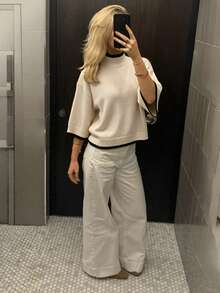 SEREN Women's Autumn/Winter High Neck Knit Sweater, Loose Casual 3/4 Sleeve Pullover, Suitable For Outdoor Wear - White Apricot - View 6