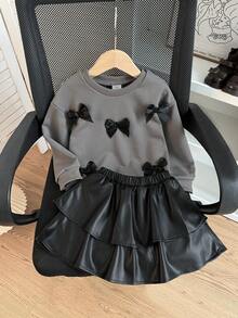 Autumn/Winter Sweet & Cool Rich Girl Style Toddler Girls 2 Pieces Set, 3D Black Bow Sweatshirt & Double-Layer Ruffle Leather Skirt, Casual - Grey - View 2