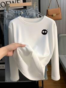 Japanese Style Cute Black Coal Ball Pattern Print White Round Neck Long Sleeve Slim Fit Base Layer Top For Women, Versatile Daily Autumn Wear - White - View 3