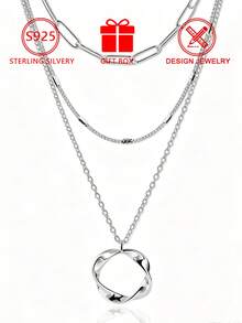 1pc Luxury S925 Sterling Silver 3-Layer Stacked Mobius Necklace, Gold & Silver Color, Women's High-End Collarbone Chain - Silver - View 8