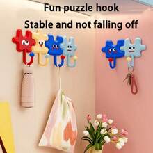 4pcs Puzzle Adhesive Wall Hooks, Cute Random Color Utility Hangers, Creative Decorative Hooks For Clothes Towels Hats, Home Organization Wall Decor - Multicolor - View 5