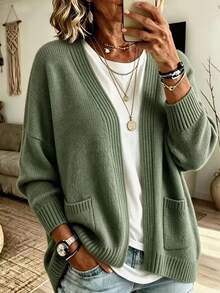 Women's Plus Size Green Knitted Cardigan With Pockets, Long Sleeve Drop Shoulder Rib-Knit Sweater For Fall/Winter Warmth - Mint Green - View 1