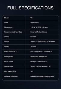 AULA V3 Wireless Gaming Mouse With Magnetic RGB Charging Dock, 51g Super Light Tri-Mode Mouse, PAW3311 Optical Sensor, 12000DPI, 300 IPS, Dual 1000Hz Low Latency, 7 Programmable Buttons For Small & Medium Hands - View 13