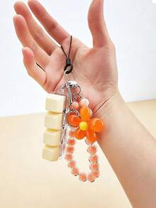Macaron Color Beaded Petal Phone Lanyard, 4-Key Keyboard Keychain, Wrist Strap Bag Charm, Holiday Gift, Bag Accessory, Phone Lanyard - Multicolor - View 3