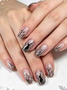 Christmas Medium-Long 24pcs Glossy Deer Pattern Black Contrast Color Fake Nails, Removable And Reusable Christmas Tree Wearable Nail Tips, Convenient For Travel, Parties, Events, And Outings, Finished Boxed Set - Black - View 2