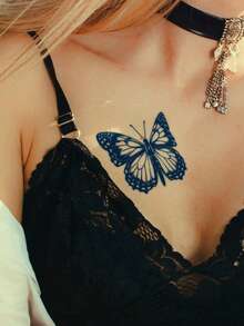 Herbal Juice Semi-Permanent Magic Tattoo Sticker, Delicate Butterfly Design, Long-Lasting 14 Days, Non-Fading, Non-Reflective, Temporary Tattoo Sticker For Arm, Shoulder, Neck, Collarbone, Back, Body, 1pc/Pack - Blue - View 3