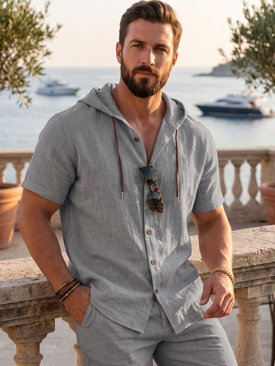European & American Men's Slim Fit Linen Blend Button Hooded Short Sleeve Shirt, Lightweight Breathable Vacation Style, Fashion Outfit For Summer Autumn Back To School Halloween - Grey - View 1