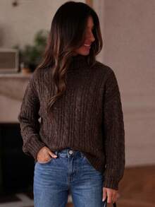 Plus Size Women's High Neck Casual Versatile Daily Wear Long Sleeve Sweater - Coffee Brown - View 1