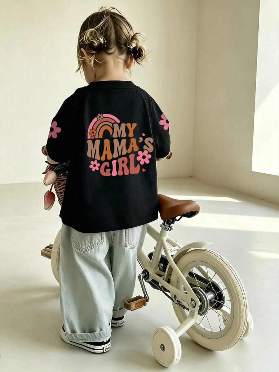 Baby Girl Minimalist "Mommy's Girl" Letter Print Round Neck Short Sleeve Cute Top - Black - View 1