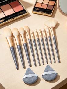 12pcs Full Set Makeup Brush Set, Foundation Brush, Blush Brush, Contour Brush, Powder Brush, Eyeshadow Brush, Highlighter Brush, With Triangle Powder Puff, Professional Makeup Tool Set - Dusty Blue - View 3