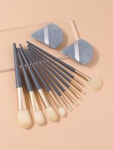 12pcs Full Set Makeup Brush Set, Foundation Brush, Blush Brush, Contour Brush, Powder Brush, Eyeshadow Brush, Highlighter Brush, With Triangle Powder Puff, Professional Makeup Tool Set - Dusty Blue - View 4