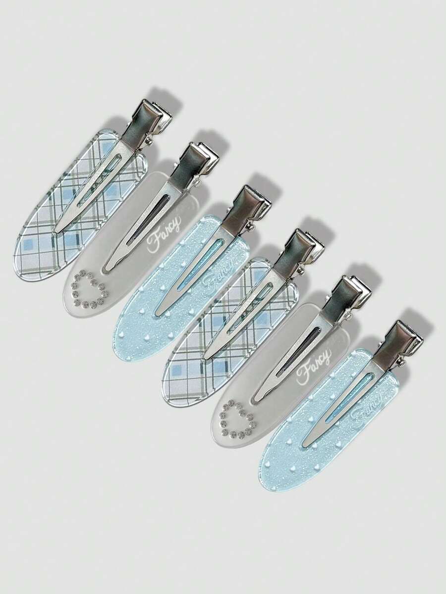 6/3pcs Cute Sweet Style Blue Seamless Alligator Hair Clips Gentle Girly Floral Polka Dot Side Bang Clips Rhinestone Bow Hair Clips For Women,
