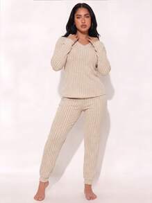 2pcs/Set Set Pakaian Santai Wanita Leher V dengan Manset untuk Musim Semi, Musim Panas, dan Musim Gugur, Set Piyama Rajut Bergaris Leher Bulat Longgar yang Elegan - Aprikot - View 6