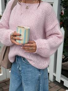 GLAMMY Early Autumn Korean Pure Desire Style Slightly Sheer Knit Top, Lazy Hollow Mesh Boat Neck Off-Shoulder Loose Lantern Sleeve Cover-Up Sweater, Gentle Vacation Vibe Date Outfit, Solid Color Ribbed Hollow Design For Inner Camisole Layering, Home And Daily Wear - Pink - View 3