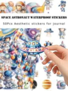 50Pcs Space Astronaut Stickers Pack, Waterproof PVC Cartoon Galaxy Astronaut Decals For Journal Water Bottle Laptop Decor - Multicolor - View 6