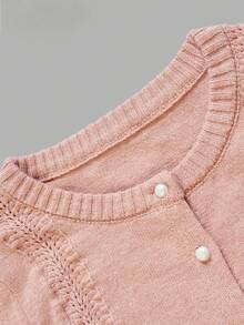 DONICY Women's Dusty Pink Crew Neck Puff Sleeve Hollow Lace Trim Pearl Button Cropped Knit Cardigan, Slim Layering Sweater Jacket For Spring Fall Daily Wear - Pink - View 5