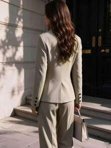Khaki Crew Neck Formal Blazer For Women Single Button Slim Fit Long Sleeve Office Commuter Business Suit Jacket - Apricot - View 5