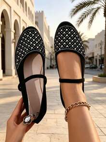 Elegant Women's Shoes-Rhinestone-Embellished Mary Jane Wedges; Suitable For Halloween, Christmas, And Everyday Wear. - Black - View 2